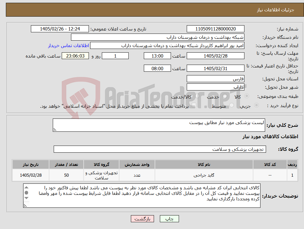 تصویر کوچک آگهی نیاز کالا-لیست پزشکی مورد نیاز مطابق پیوست