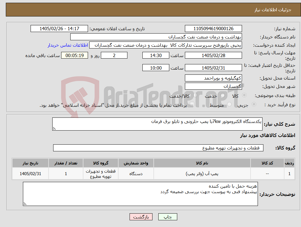 تصویر کوچک آگهی نیاز کالا-یکدستگاه الکتروموتور 7kwبا پمپ حلزونی و تابلو برق فرمان 