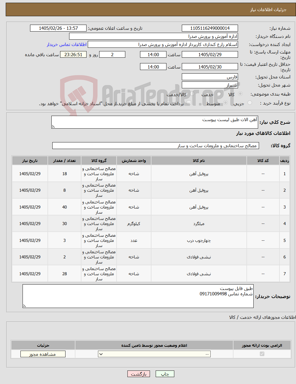 تصویر کوچک آگهی نیاز کالا-آهن الات طبق لیست پیوست