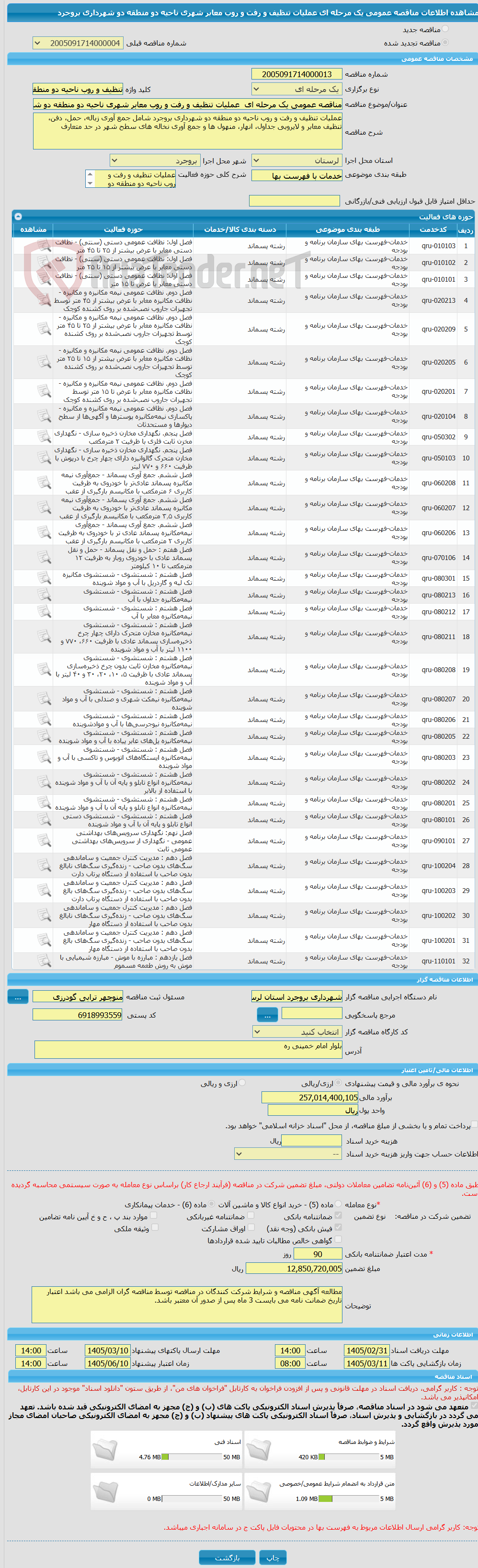 تصویر کوچک آگهی مناقصه عمومی یک مرحله ای عملیات تنظیف و رفت و روب معابر شهری ناحیه دو منطقه دو شهرداری بروجرد