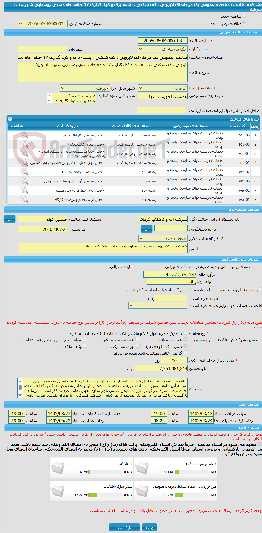 تصویر کوچک آگهی مناقصه عمومی یک مرحله ای لایروبی ، کف شکنی ، پشته بری و کول گذاری 17 حلقه چاه دستی روستایی شهرستان جیرفت