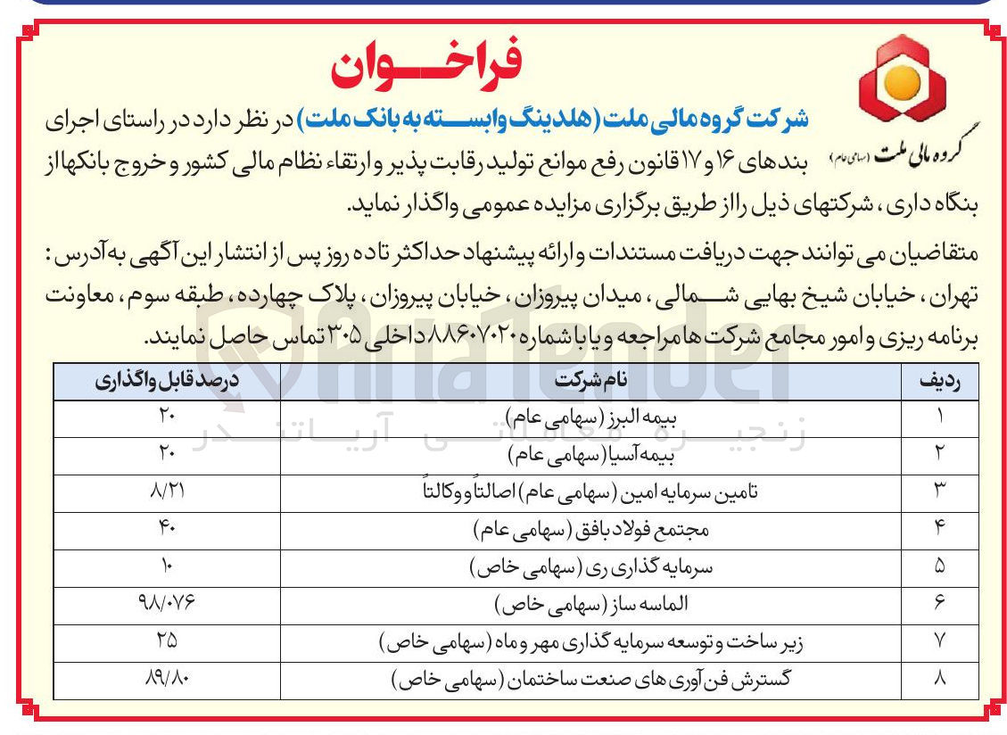 تصویر کوچک آگهی واگذاری شرکت در 8 ردیف شامل شرکت بیمه، تامین سرمایه و...