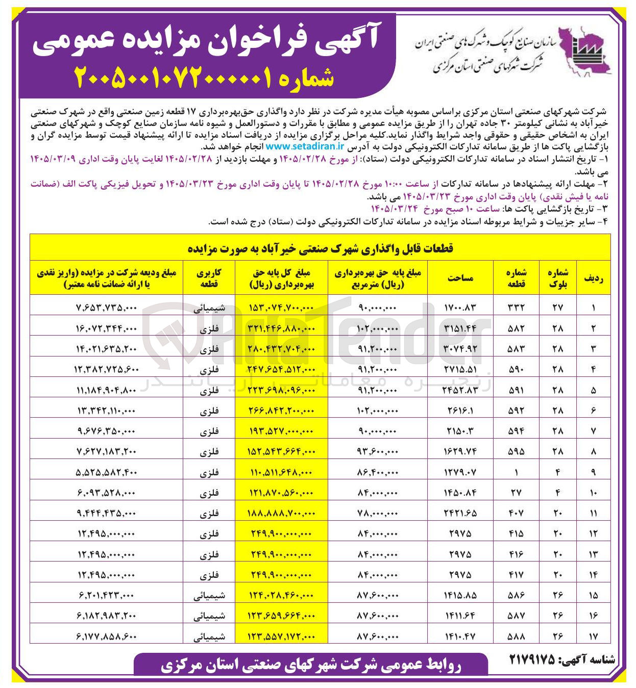 تصویر کوچک آگهی واگذاری حق بهره برداری ۱۷ قطعه زمین صنعتی 