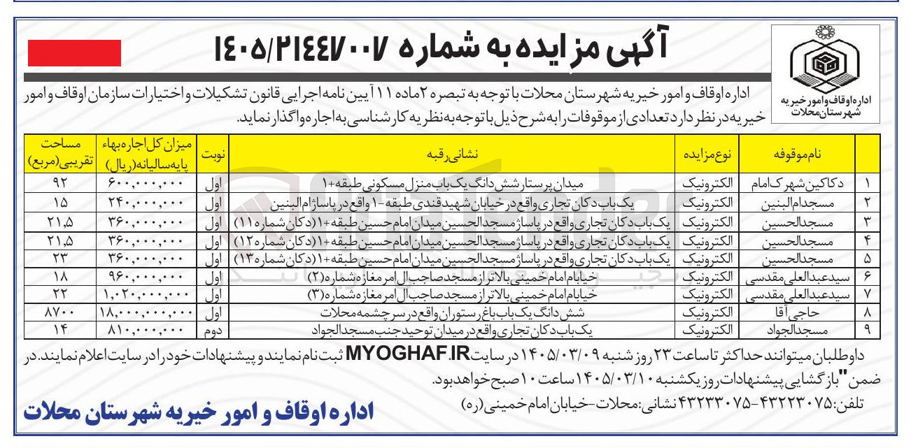 تصویر کوچک آگهی اجاره تعدادی از موقوفات