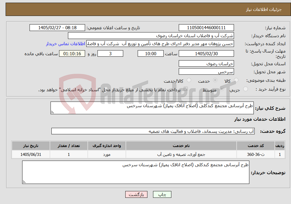 تصویر کوچک آگهی نیاز خدمات-طرح آبرسانی مجتمع کندکلی (اصلاح اتاقک پمپاژ) شهرستان سرخس