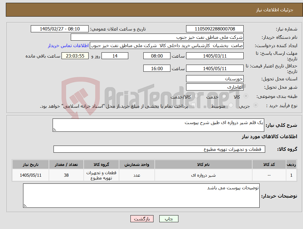 تصویر کوچک آگهی نیاز کالا-یک قلم شیر دروازه ای طبق شرح پیوست