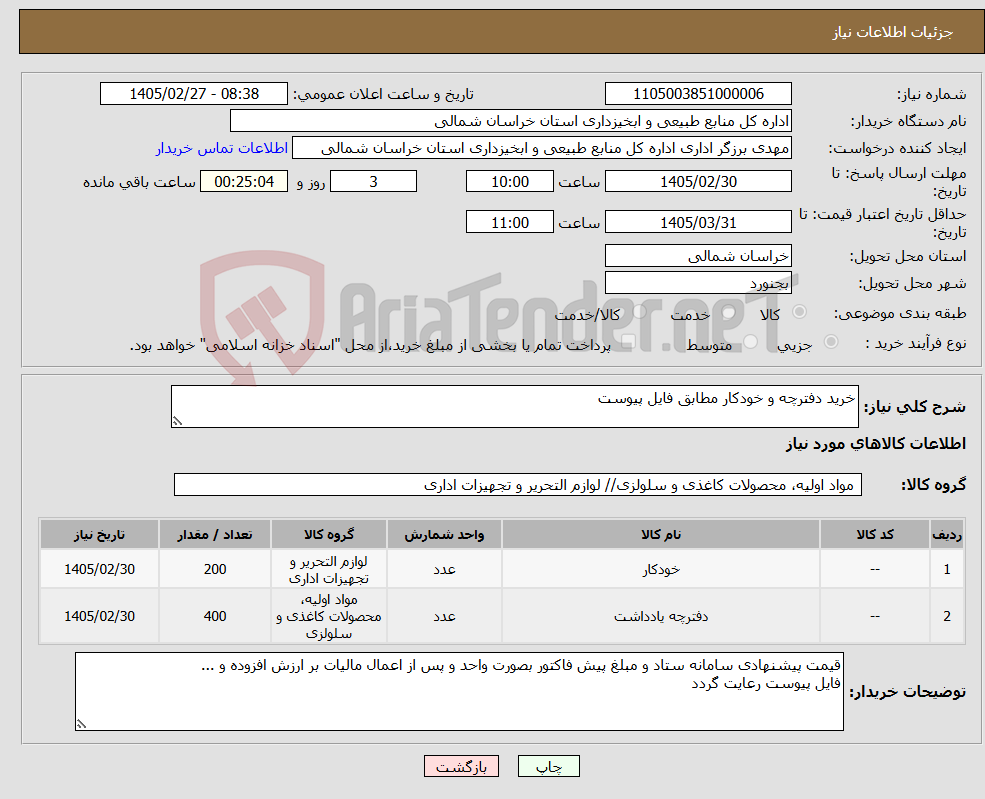 تصویر کوچک آگهی نیاز کالا-خرید دفترچه و خودکار مطابق فایل پیوست