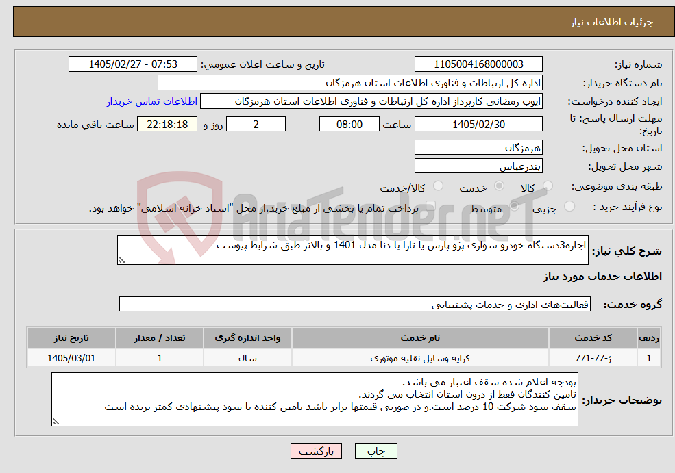 تصویر کوچک آگهی نیاز خدمات-اجاره3دستگاه خودرو سواری پژو پارس یا تارا یا دنا مدل 1401 و بالاتر طبق شرایط پیوست
