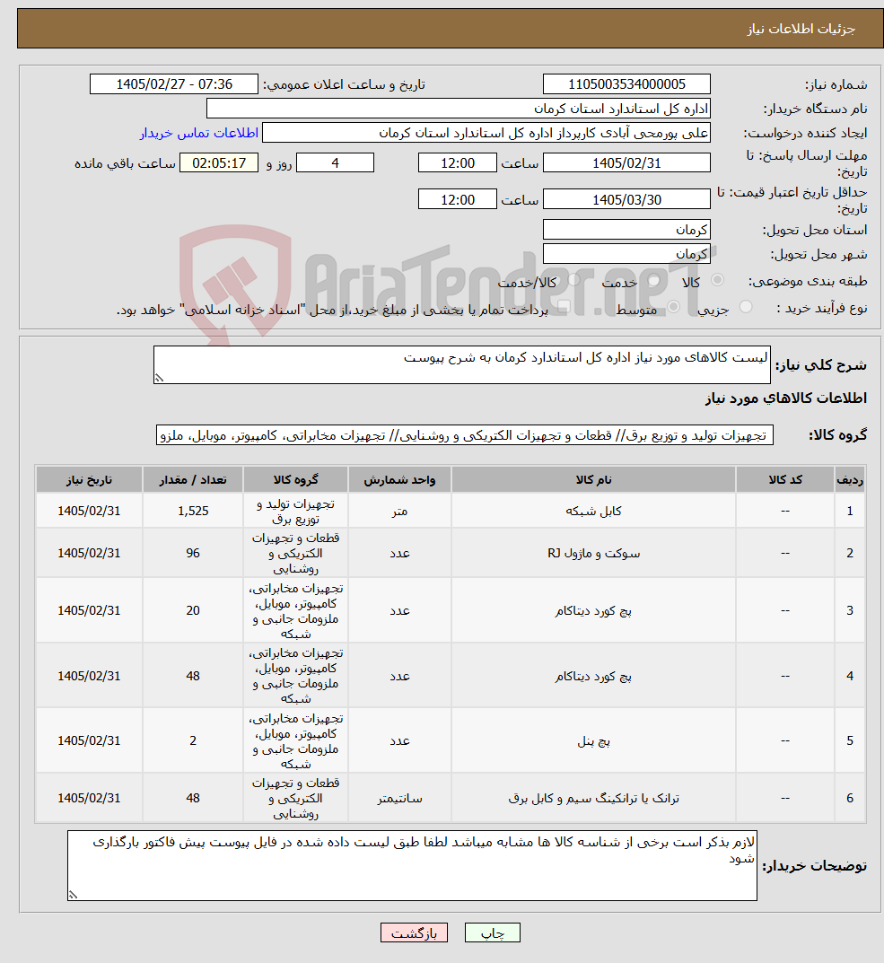 تصویر کوچک آگهی نیاز کالا-لیست کالاهای مورد نیاز اداره کل استاندارد کرمان به شرح پیوست