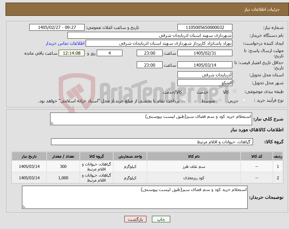 تصویر کوچک آگهی نیاز کالا-استعلام خرید کود و سم فضای سبز(طبق لیست پیوستی)