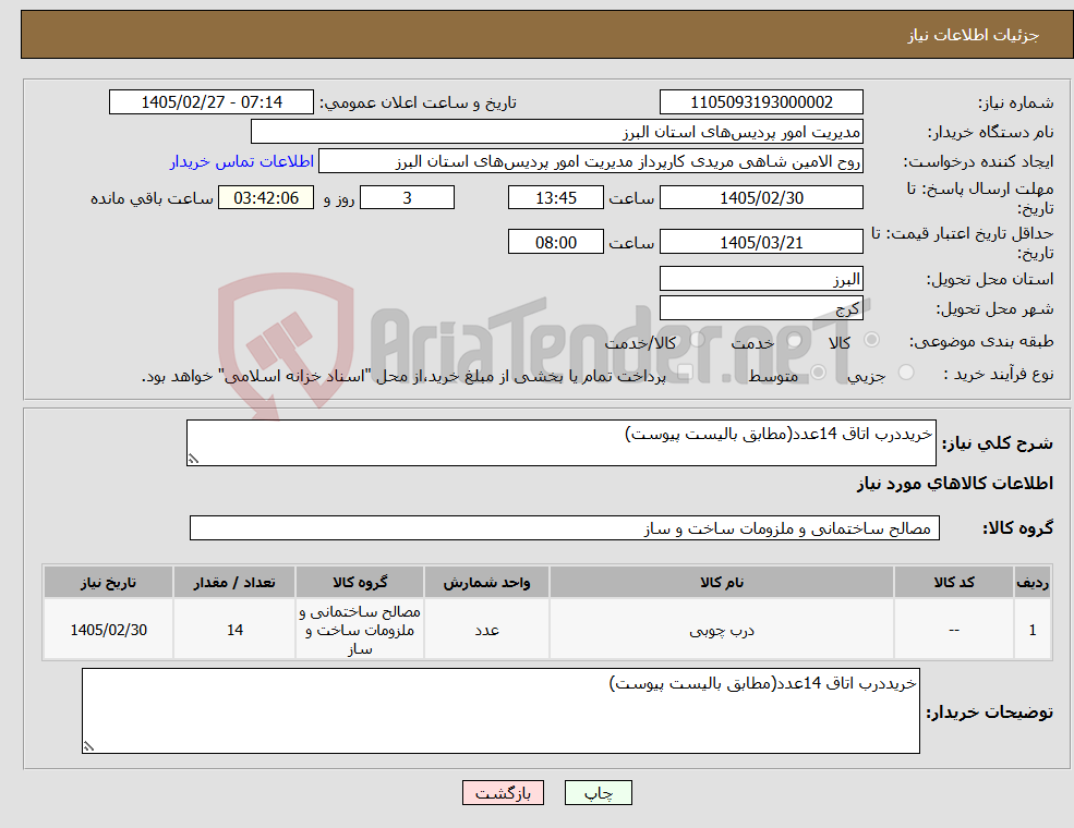 تصویر کوچک آگهی نیاز کالا-خریددرب اتاق 14عدد(مطابق بالیست پیوست) 