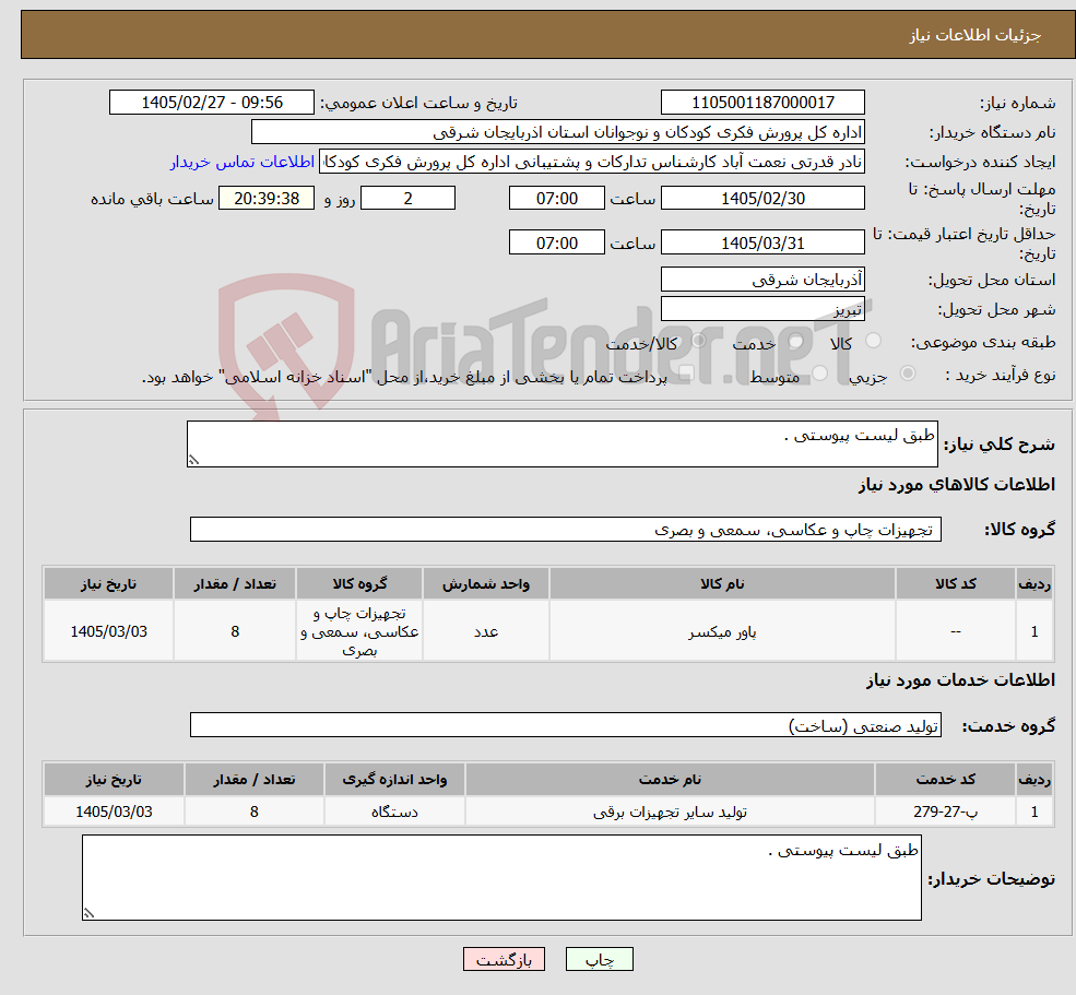 تصویر کوچک آگهی نیاز خدمت/کالا-طبق لیست پیوستی . 