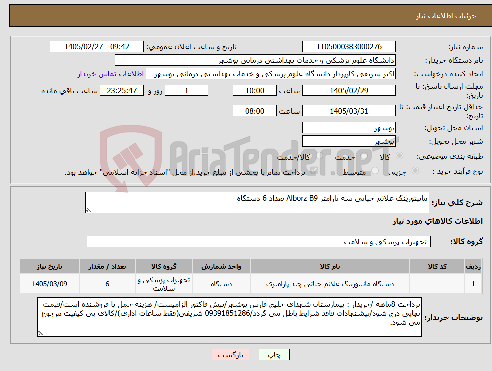 تصویر کوچک آگهی نیاز کالا-مانیتورینگ علائم حیاتی سه پارامتر Alborz B9 تعداد 6 دستگاه
