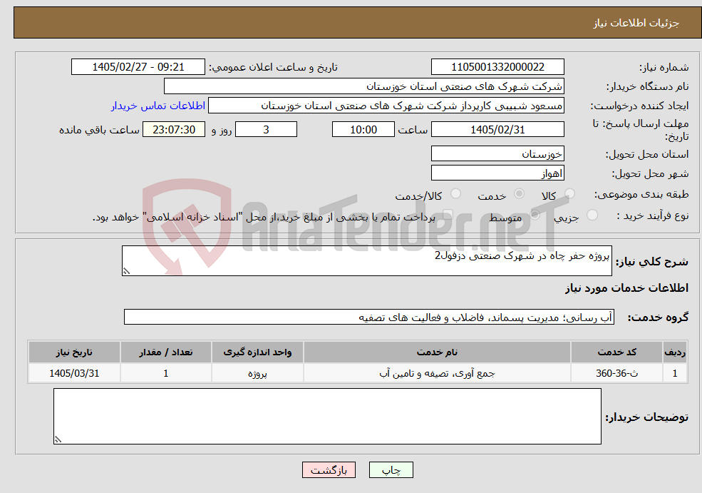 تصویر کوچک آگهی نیاز خدمات-پروژه حفر چاه در شهرک صنعتی دزفول2