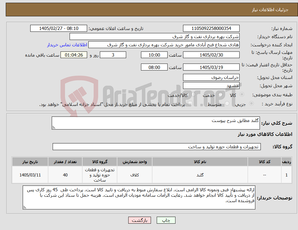 تصویر کوچک آگهی نیاز کالا-گلند مطابق شرح پیوست