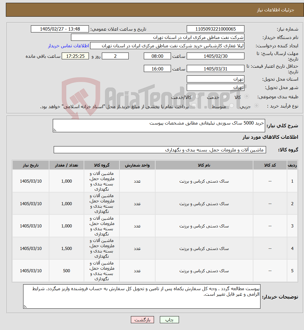 تصویر کوچک آگهی نیاز کالا-خرید 5000 ساک سوزنی تبلیغاتی مطابق مشخصات پیوست