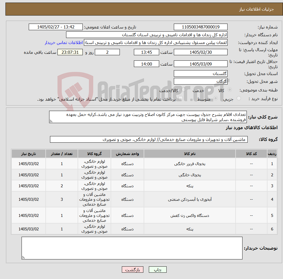 تصویر کوچک آگهی نیاز کالا-تعدادی اقلام بشرح جدول پیوست جهت مرکز کانون اصلاح وتربیت مورد نیاز می باشد،کرایه حمل بعهده فروشنده ،سایر شرایط فایل پیوستی 