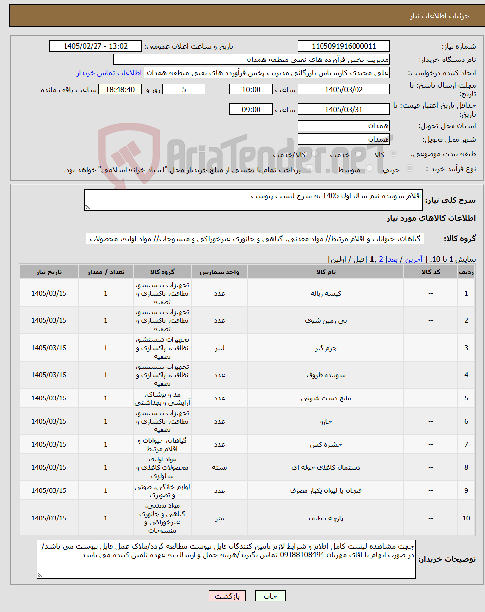 تصویر کوچک آگهی نیاز کالا-اقلام شوینده نیم سال اول 1405 به شرح لیست پیوست