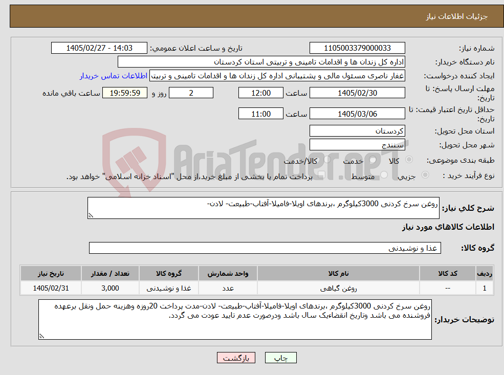 تصویر کوچک آگهی نیاز کالا-روغن سرخ کردنی 3000کیلوگرم ،برندهای اویلا-فامیلا-آفتاب-طبیعت- لادن-