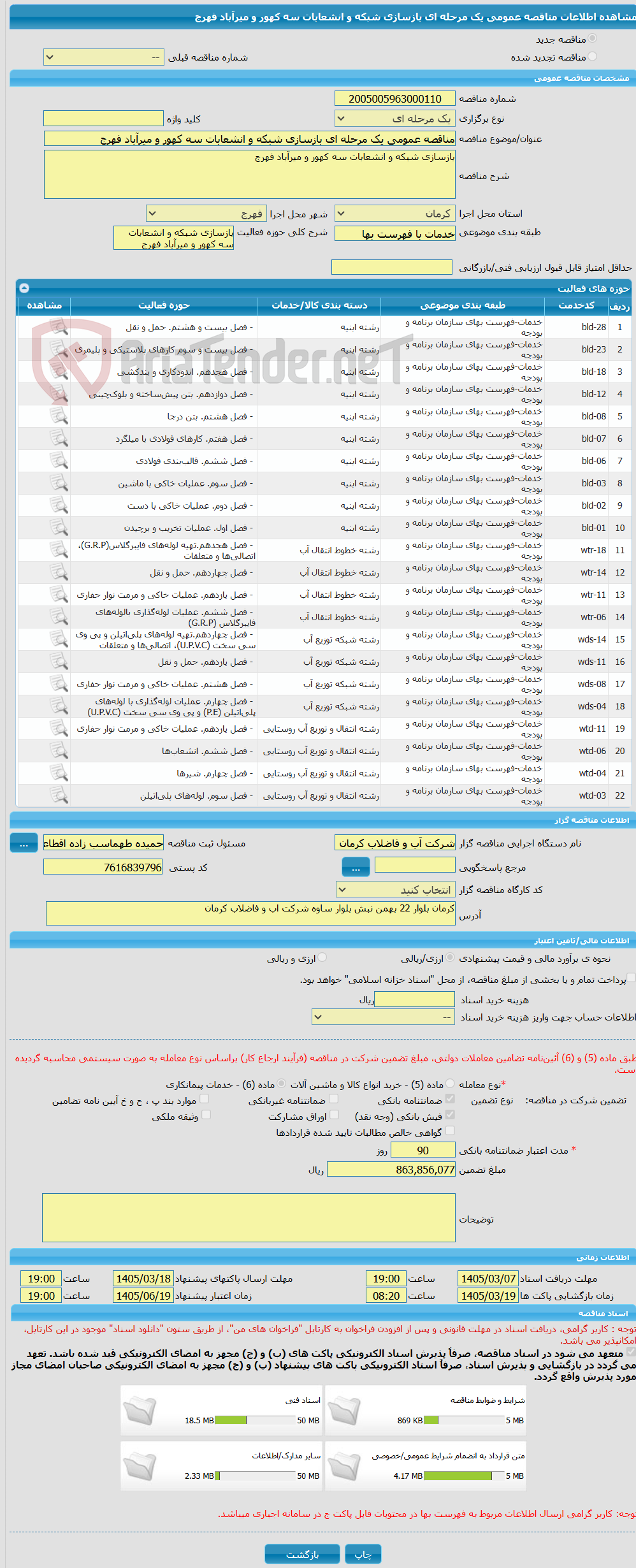 تصویر کوچک آگهی مناقصه عمومی یک مرحله ای بازسازی شبکه و انشعابات سه کهور و میرآباد فهرج