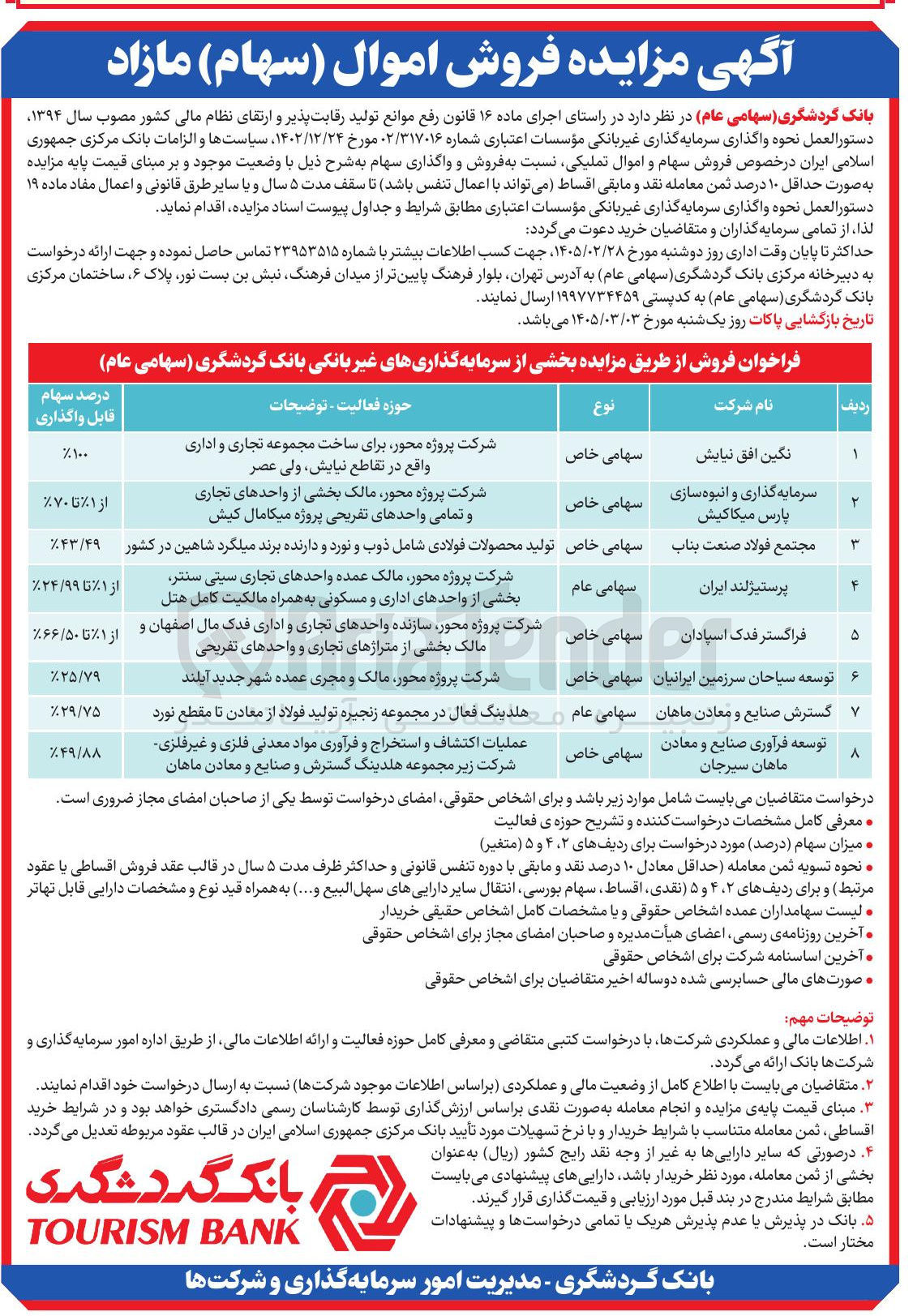 تصویر کوچک آگهی  فروش اموال (سهام) مازاد در 8 ردیف