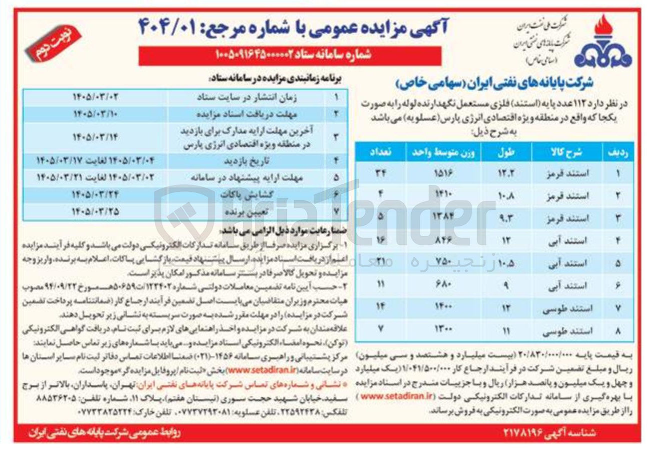 تصویر کوچک آگهی واگذاری ۱۱۲ عدد پایه (استند) فلزی مستعمل نگهدارنده لوله