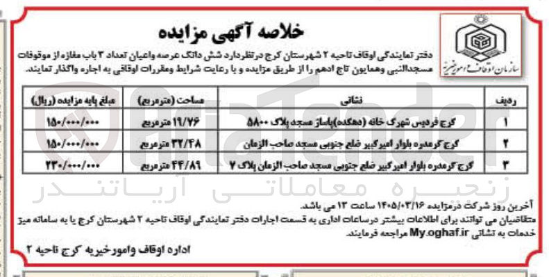 تصویر کوچک آگهی اجاره شش دانگ عرصه واعیان تعداد ۳ باب مغازه