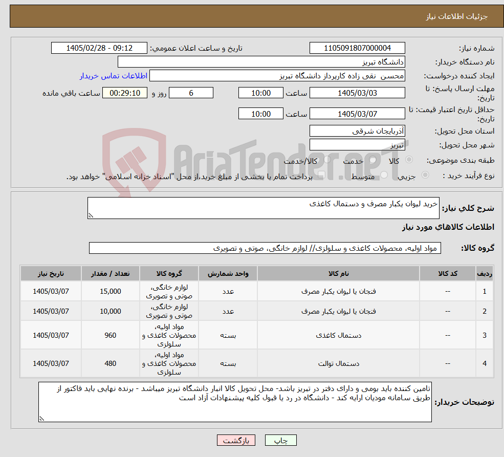 تصویر کوچک آگهی نیاز کالا-خرید لیوان یکبار مصرف و دستمال کاغذی