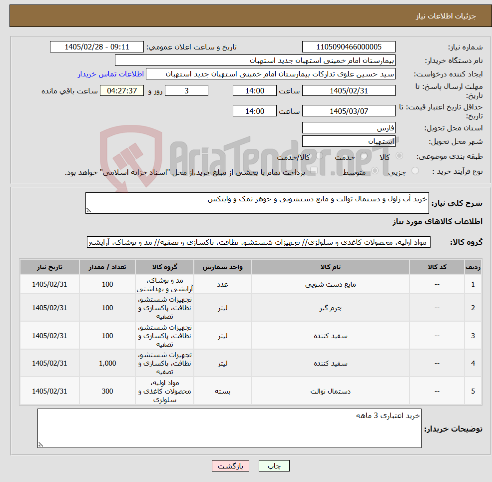 تصویر کوچک آگهی نیاز کالا-خرید آب ژاول و دستمال توالت و مایع دستشویی و جوهر نمک و وایتکس 