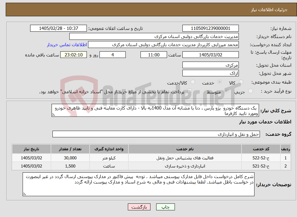 تصویر کوچک آگهی نیاز خدمات- یک دستگاه خودرو پژو پارس ، دنا یا مشابه آن مدل 1400به بالا - دارای کارت معاینه فنی و تایید ظاهری خودرو ومورد تایید کارفرما