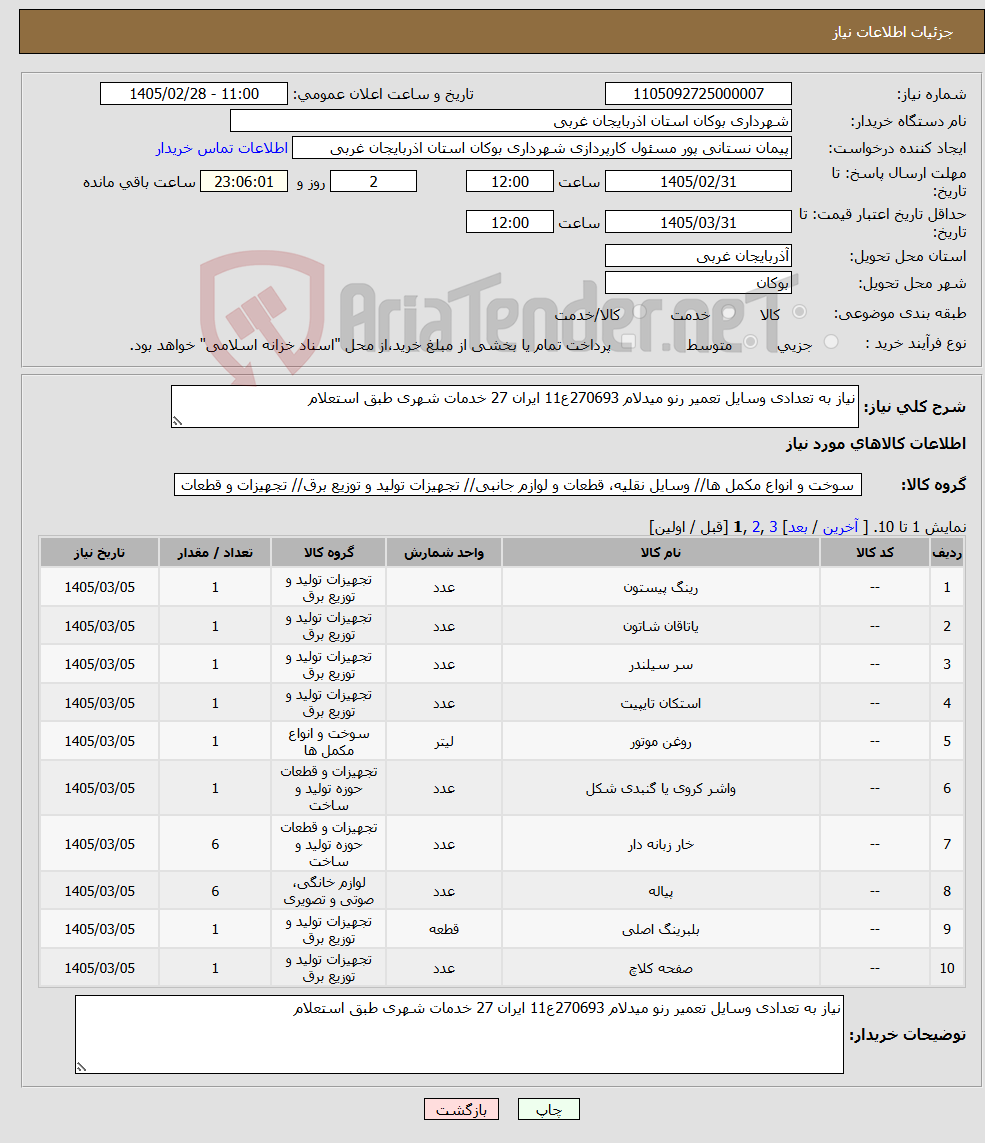 تصویر کوچک آگهی نیاز کالا-نیاز به تعدادی وسایل تعمیر رنو میدلام 270693ع11 ایران 27 خدمات شهری طبق استعلام