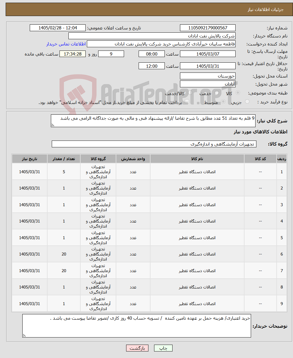 تصویر کوچک آگهی نیاز کالا-9 قلم به تعداد 51 عدد مطابق با شرح تقاضا /ارائه پیشنهاد فنی و مالی به صورت جداگانه الزامی می باشد