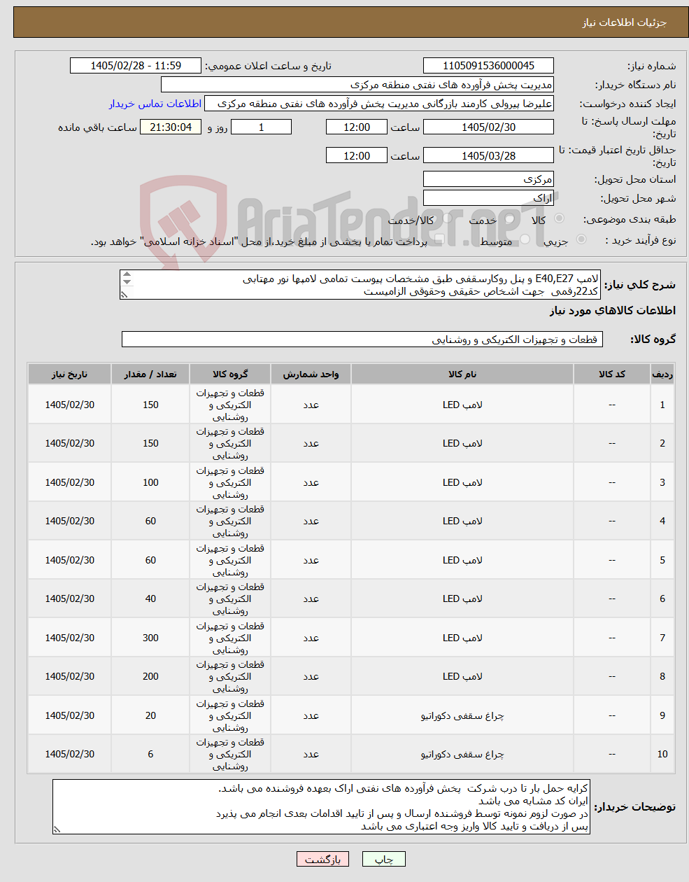 تصویر کوچک آگهی نیاز کالا-لامپ E40,E27 و پنل روکارسقفی طبق مشخصات پیوست تمامی لامپها نور مهتابی کد22رقمی جهت اشخاص حقیقی وحقوقی الزامیست مهلت تامین سه روزه است
