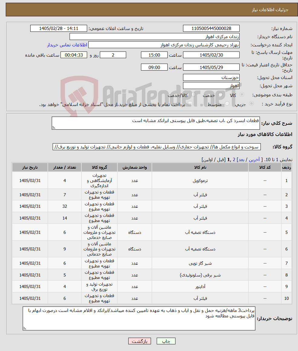 تصویر کوچک آگهی نیاز کالا-قطعات ابسرد کن ،اب تصفیه،طبق فایل پیوستی ایرانکد مشابه است