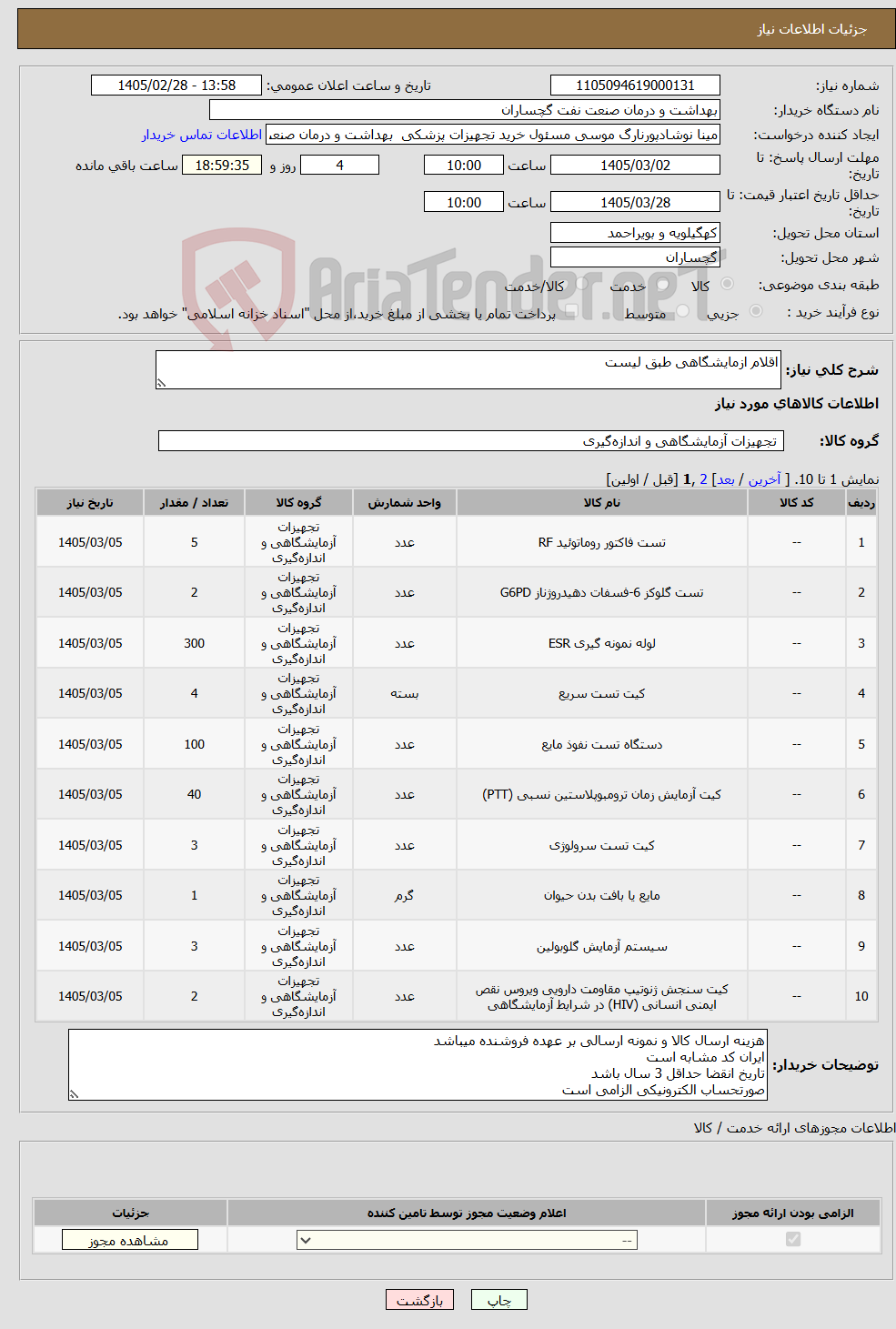 تصویر کوچک آگهی نیاز کالا-اقلام ازمایشگاهی طبق لیست