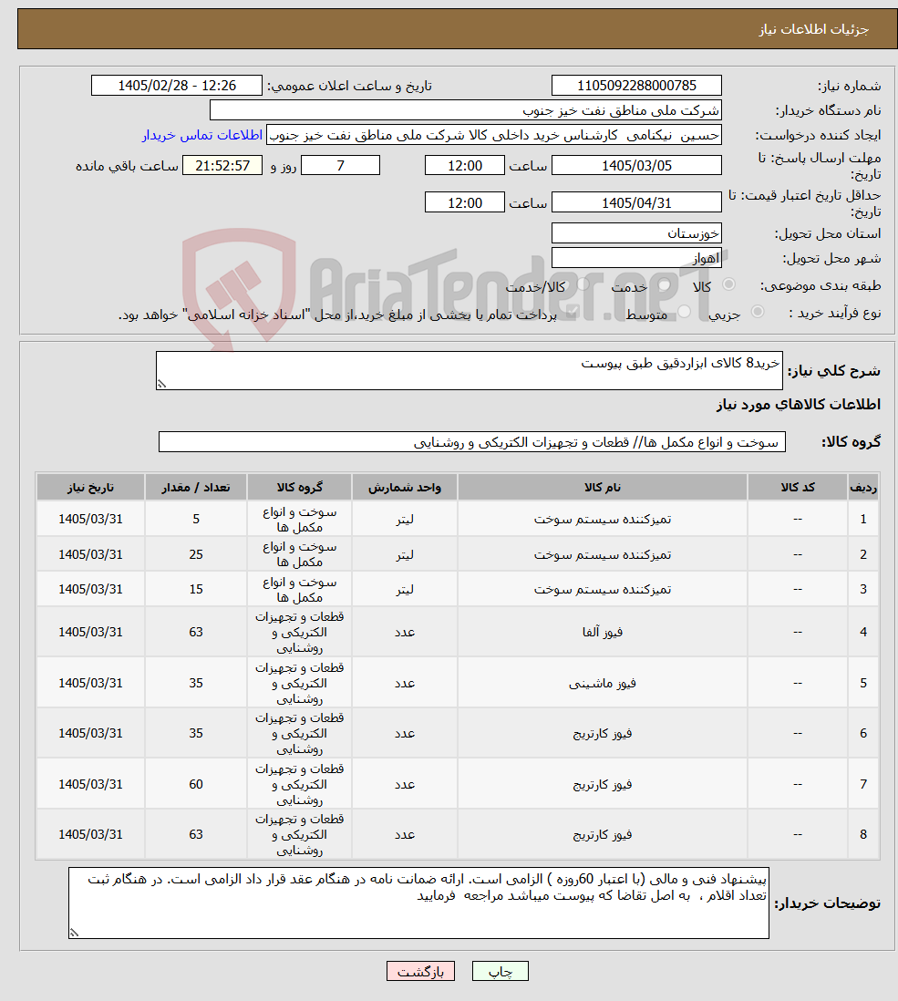تصویر کوچک آگهی نیاز کالا-خرید8 کالای ابزاردقیق طبق پیوست