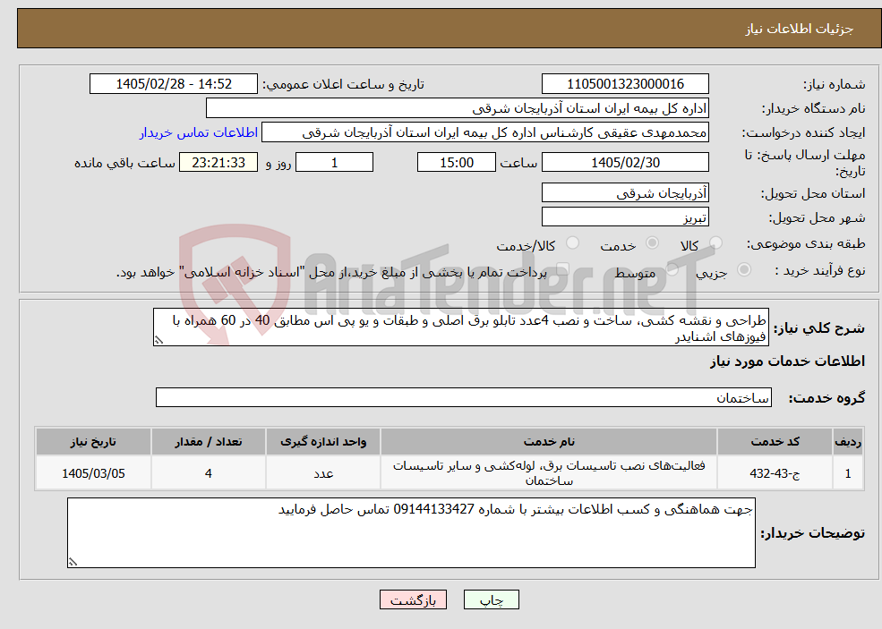 تصویر کوچک آگهی نیاز خدمات-طراحی و نقشه کشی، ساخت و نصب 4عدد تابلو برق اصلی و طبقات و یو پی اس مطابق 40 در 60 همراه با فیوزهای اشنایدر