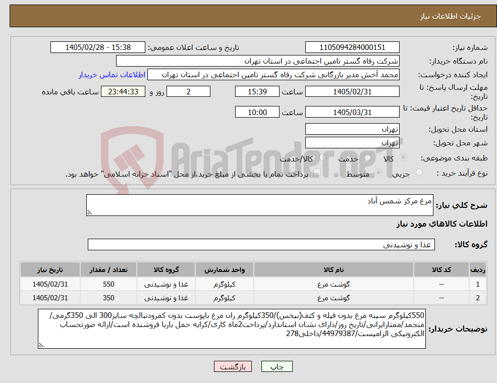 تصویر کوچک آگهی نیاز کالا-مرغ مرکز شمس آباد