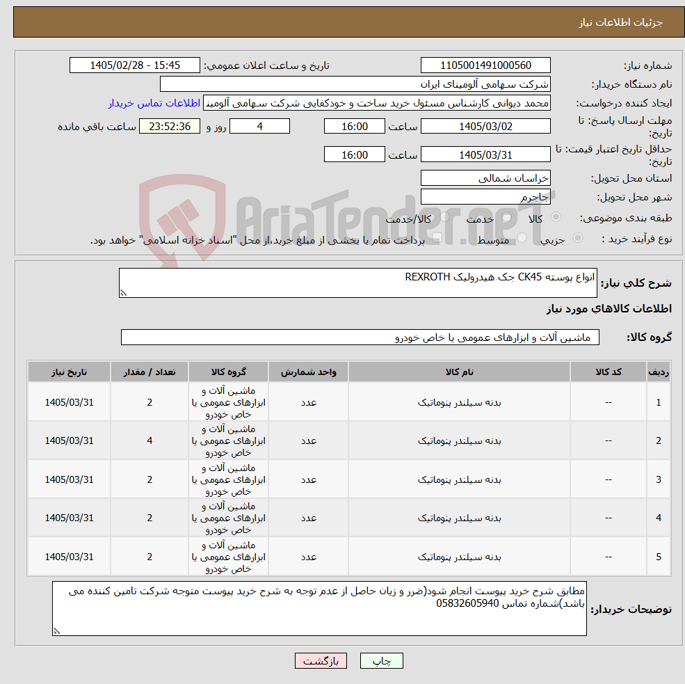 تصویر کوچک آگهی نیاز کالا-انواع پوسته ‎CK45‏ جک هیدرولیک REXROTH 
