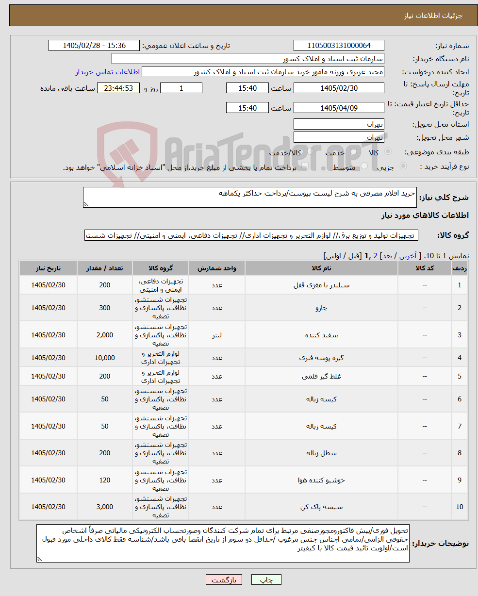 تصویر کوچک آگهی نیاز کالا-خرید اقلام مصرفی به شرح لیست پیوست/پرداخت حداکثر یکماهه 