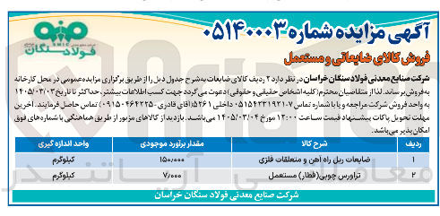 تصویر کوچک آگهی فروش کالای ضایعاتی شامل ریل راه آهن و متعلقات فلزی و تراورس چوبی (قطار) مستعمل