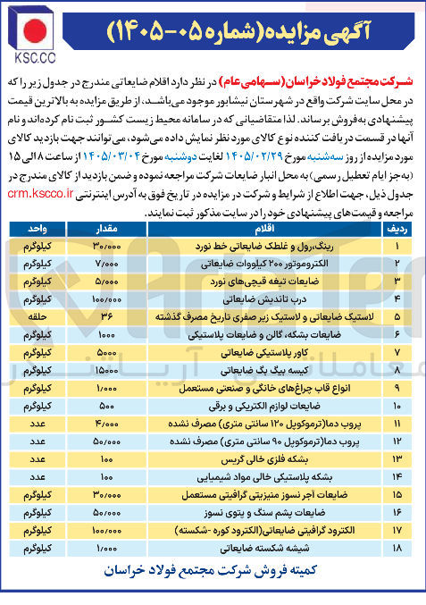 تصویر کوچک آگهی فروش اقلام ضایعاتی شامل رینگ، رول، الکتروموتور، ضایعات تیغه قیمچی های نورد، کاور پلاستیکی ضایعاتی، کیسه بیگ بگ ضایعاتی، ضایعات پشم سنگ و پتوی نسوز و...