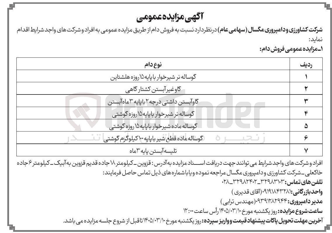 تصویر کوچک آگهی فروش دام در 7 ردیف شامل گواسه نر، گاو، گوساله ماده، تلیسه آبستن