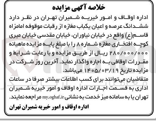تصویر کوچک آگهی اجاره ششدانگ عرصه و اعیان یکباب مغازه