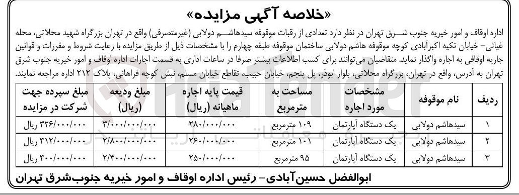 تصویر کوچک آگهی اجاره تعدادی از رقبات