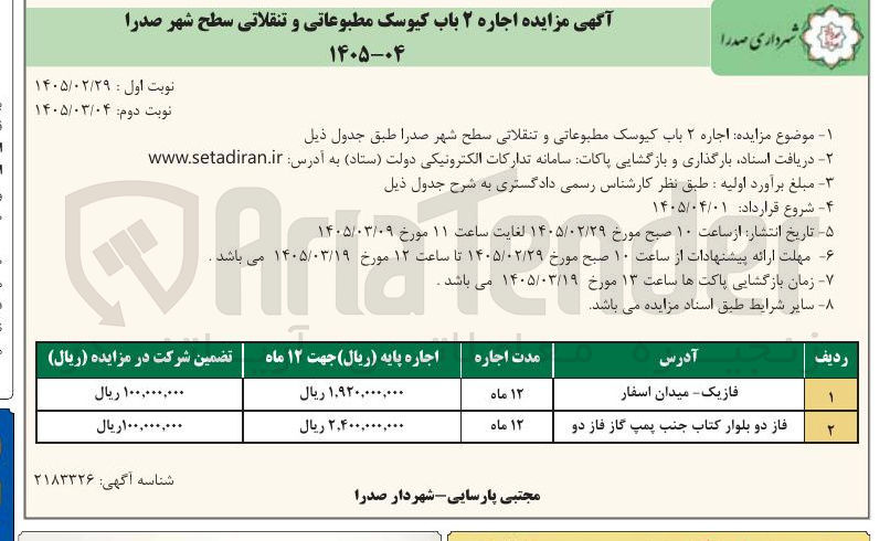 تصویر کوچک آگهی اجاره ۲ باب کیوسک مطبوعاتی و تنقلاتی