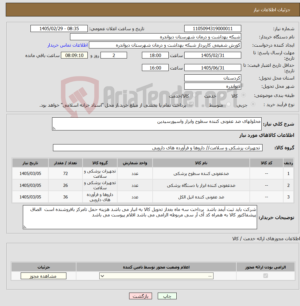 تصویر کوچک آگهی نیاز کالا-محلولهای ضد عفونی کننده سطوح وابزار واسپورسیدین