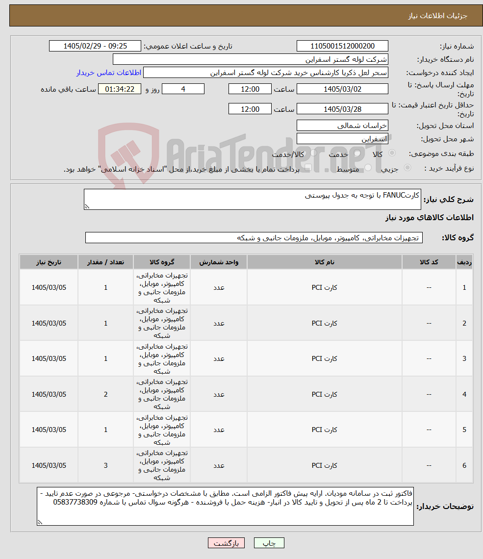 تصویر کوچک آگهی نیاز کالا-کارتFANUC با توجه به جدول پیوستی