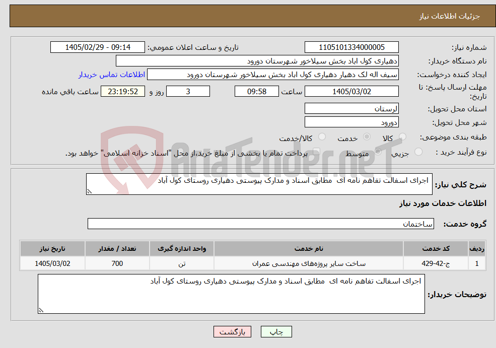 تصویر کوچک آگهی نیاز خدمات- اجرای اسفالت تفاهم نامه ای مطابق اسناد و مدارک پیوستی دهیاری روستای کول آباد
