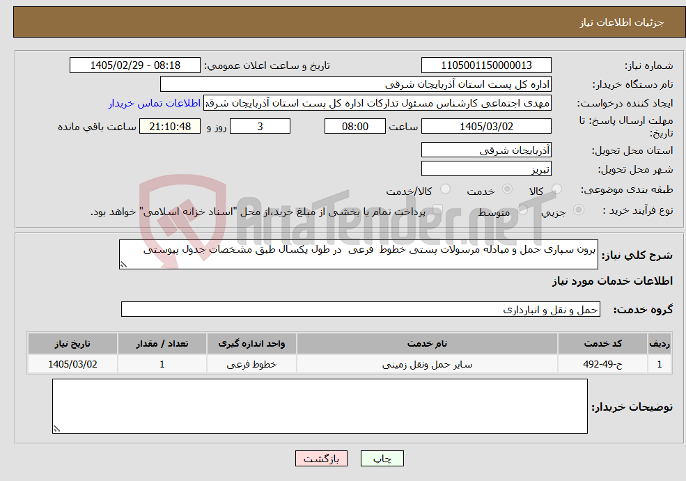 تصویر کوچک آگهی نیاز خدمات-برون سپاری حمل و مبادله مرسولات پستی خطوط فرعی در طول یکسال طبق مشخصات جدول پیوستی